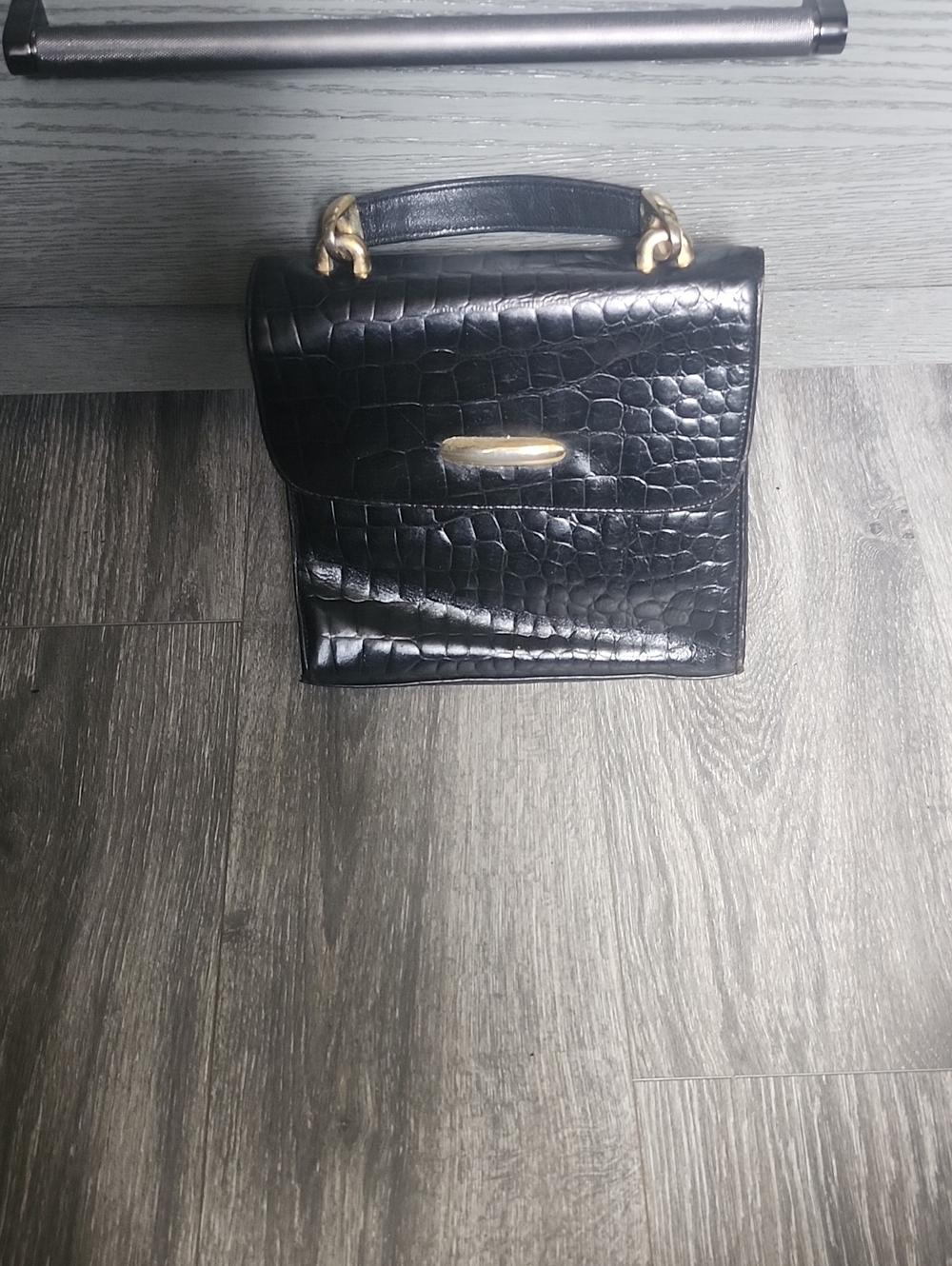 Black Croc-Embossed Top Handle Satchel with Gold Accent